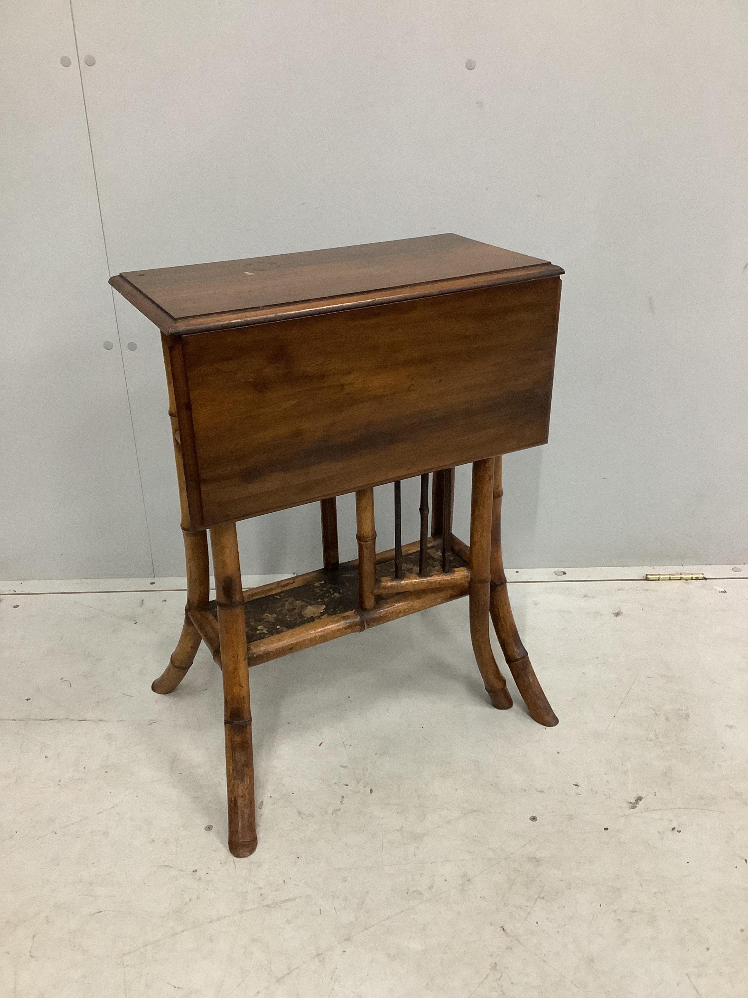 A late Victorian bamboo and mahogany single drop flap occasional table with lacquer undertier, width 51cm, depth 40cm, height 68cm. Condition - good